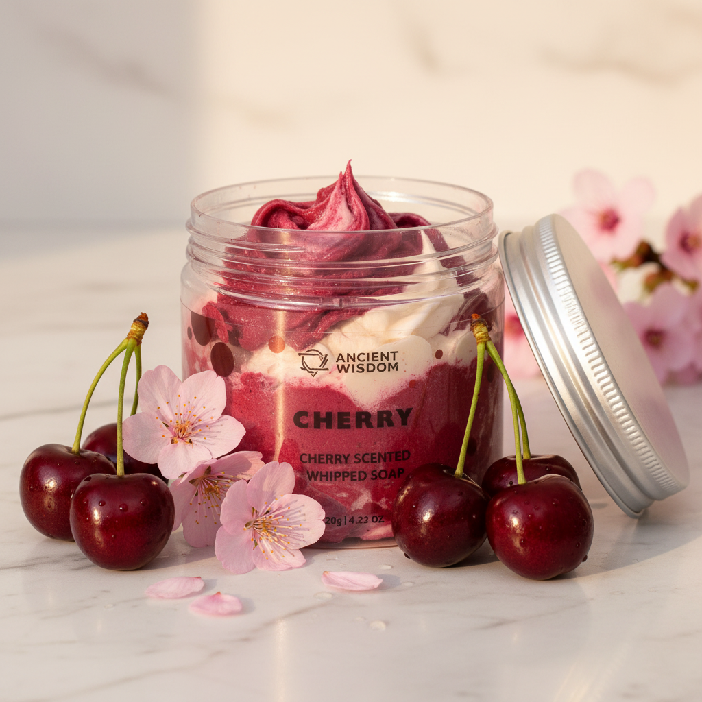 Cherry Whipped Soap close-up with fresh cherries