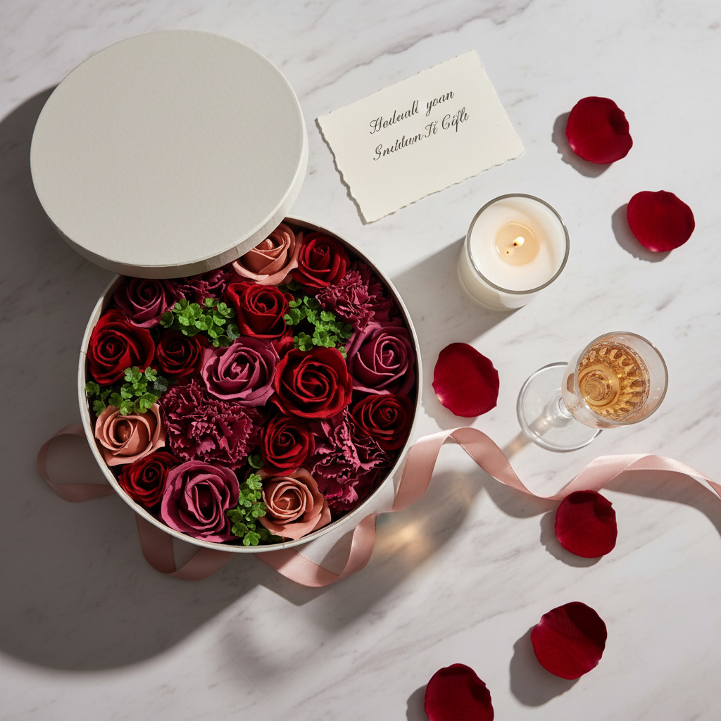 Luxury flatlay of Vintage Roses gift box
