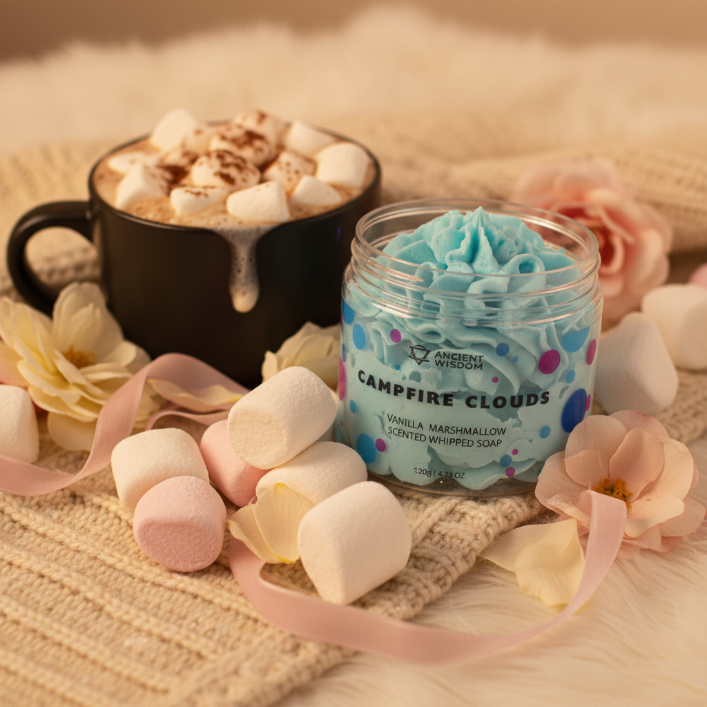Marshmallow Whipped Soap cozy angled close-up
