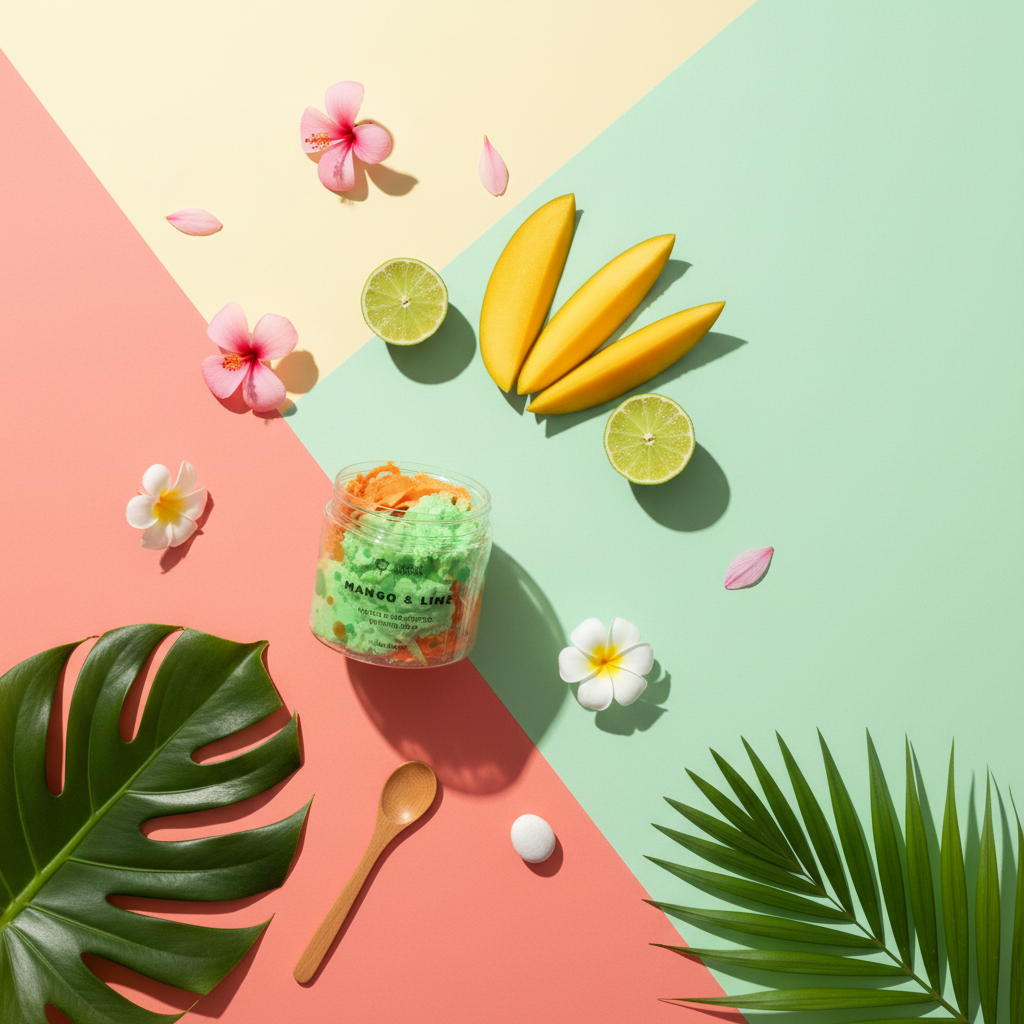 Minimalist tropical flatlay with negative space
