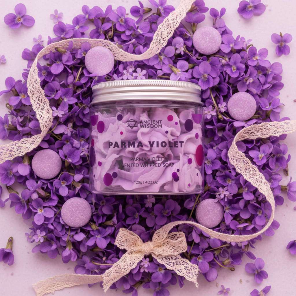 Parma Violet Whipped Soap overhead romantic close-up