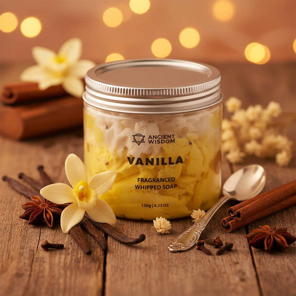 Vanilla Whipped Soap comforting angled close-up