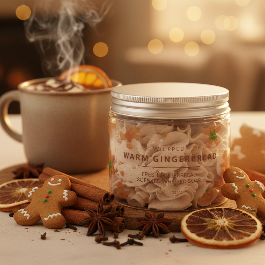 Warm Gingerbread Whipped Soap festive angled close-up