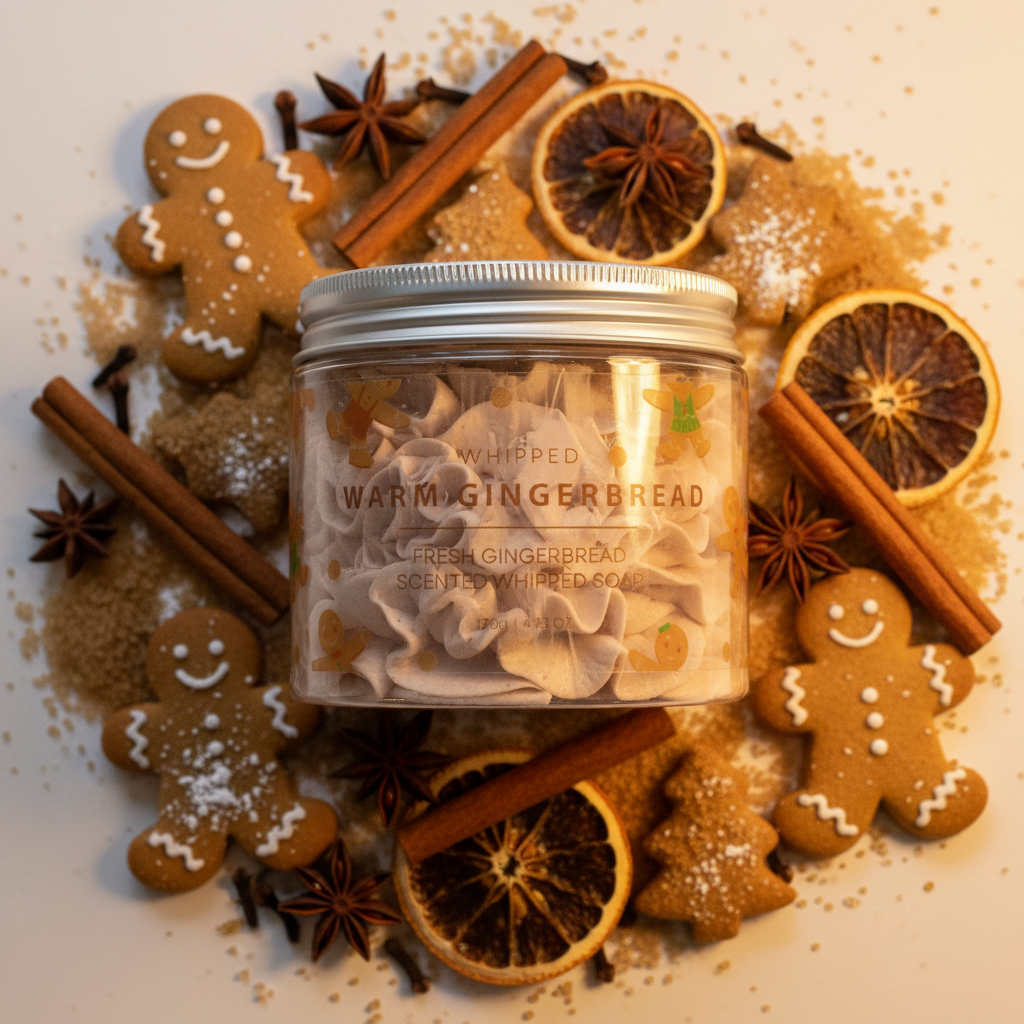 Warm Gingerbread Whipped Soap overhead cosy close-up